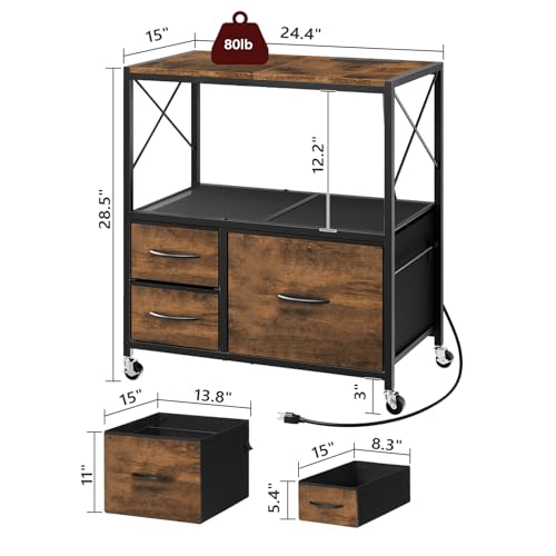 MAHANCRIS File Cabinet with Charging Station, 3 Drawer Lateral Filing Cabinet for Home Office, Mobile Printer Stand with Open Shelf, Fits A4/Letter Size File, Nonwovens Drawer, Rustic Brown FCHR98E01