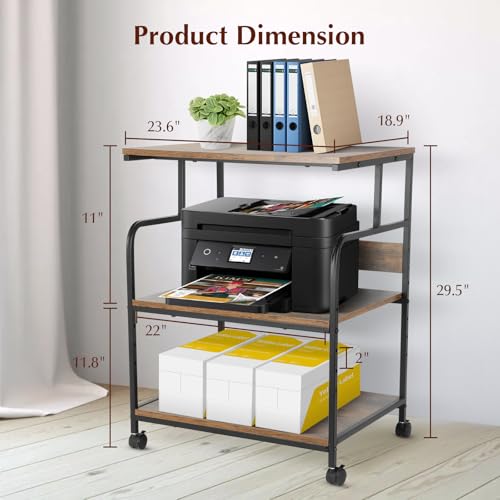 GCCSJ Large Printer Stand，3 Tier Printer Cart with Adjustable Storage Shelf，23.6 x18.9 x 29.5 inches Printer Stand for Home Office, Stands for Heat Press Scanner Fax, Industrial Style, Brown