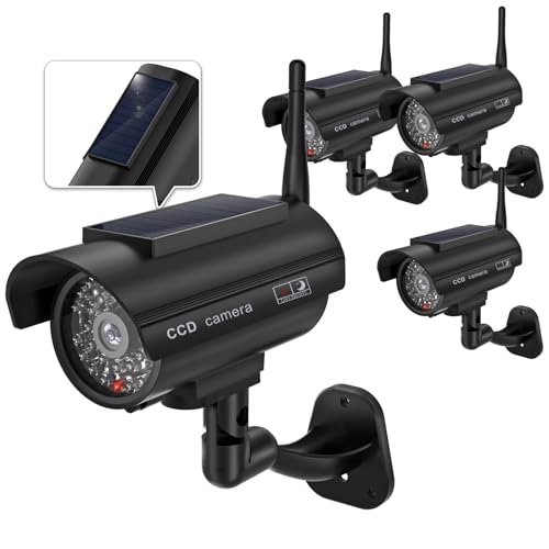 WALI Dummy Fake Camera, Solar Powered Fake Security Camera with LED Light, Simulated Surveillance Security CCTV Dome Cameras with Antenna and Warning Sticker Indoor Outdoor (SOL-TCB4), 4 Packs, Black