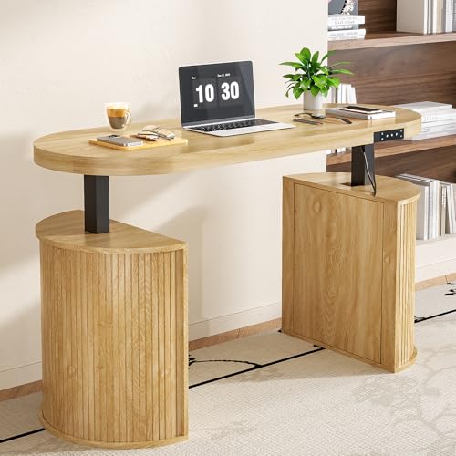Xyulmeo Mid Century Modern Electric Standing Desk with Storage, 55 x 22 Inch Small Sit Stand Up Desk, Wood Adjustable Height Computer Executive Desk for Home Office, Laptop, Oak