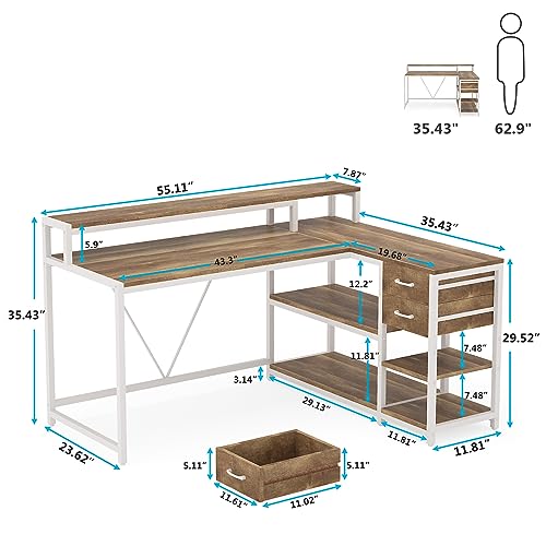 Tribesigns L Shaped Desk with Drawers and Monitor Stand, L Corner Desk with Storage Shelves, Beige Wooden PC Table for Samll Home Office