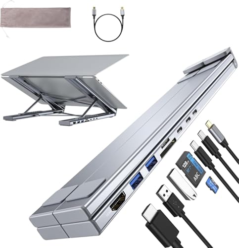 Umaniy Laptop Stand with Docking Station, 8 in 1 USB C Hub HDMI Portable Laptop Stand for Desk with USB Ports, Multiport USBC Dock Stands Foldable Adjustable Computer Riser Holder Dongle for MacBook
