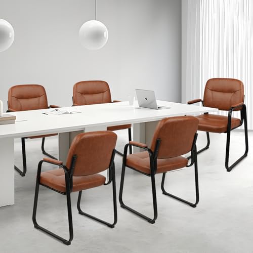 CLATINA Waiting Reception Chairs No Wheel, Leather Guest Chair with Padded Arms, Modern Brown Office Desk Chairs with Sled Base for Office Meeting Conference Room Lobby Home Living Room (4 Pack)