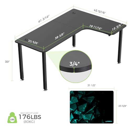 EUREKA ERGONOMIC 60 Inch Black Corner L Shaped Computer Desk, Home Office Gaming Study Work Writing Table Long Large Sturdy Workstation Simple Modern with Metal Legs, Right Side
