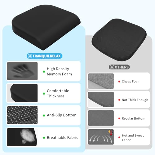 TranquilRelax Large Seat Cushion, Memory Foam Cushion for Long Sitting Hours on Office Chair, Car Seat, Non-Slip Chair Pad for Sciatica, Coccyx, Tailbone Pain Relief & Post-Surgery Recovery (Black)