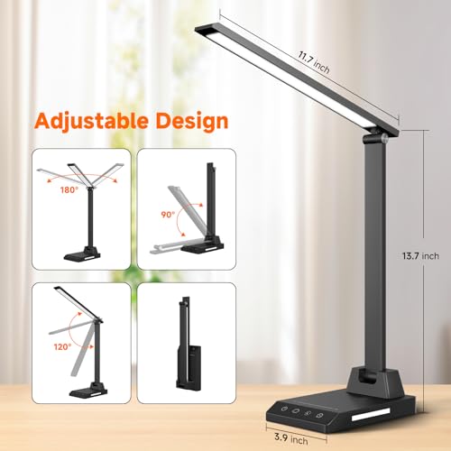 ShineTech LED Desk Lamp with USB-C Charging Port, Dimmable Desk Lamp for Home Office, Eye-Caring Reading Lamp with 25 Lighting Modes, Small Desk Light for Bedroom Nightstand with Adapter