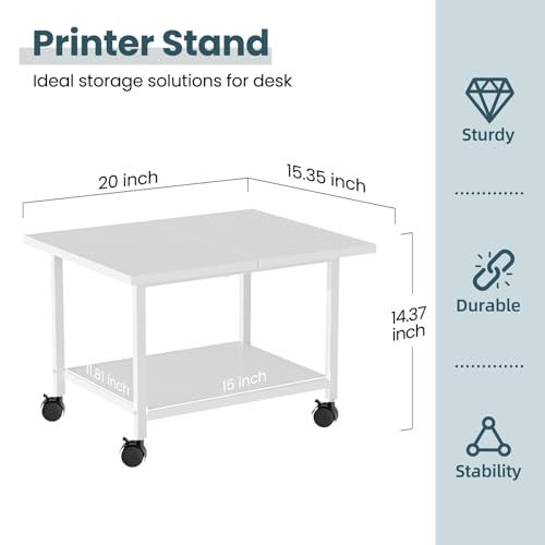 SwaaVee Printer Stand, 2-Tier Under Desk Printer Stand, Printer Cart with Wheels for Home, Office, Heavy-Duty Storage Shelf, White