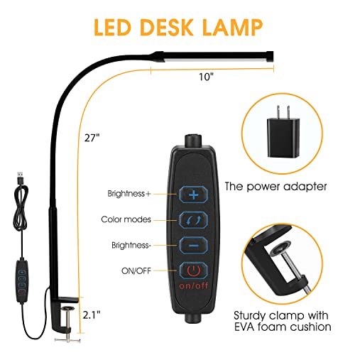Voncerus LED Desk Lamp with Clamp, Eye-Caring Clip on Lights for Home Office, 3 Modes 10 Brightness, Long Flexible Goose-Neck, Metal, Swing Arm Architect Task Table Lamps with USB Adapter, Black