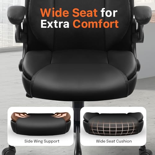 NEO CHAIR Office Desk Gaming Computer Home Chair Ergonomic Executive High Back Support Flip-up Arms Adjustable Height Swivel Rolling Wheels Comfy PU Leather (Black)