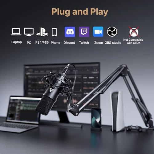 USB Microphone, MAONO 192KHZ/24Bit Plug & Play PC Computer Podcast Condenser Cardioid Metal Mic Kit with Professional Sound Chipset for Recording, Gaming, Singing, YouTube (AU-A04)