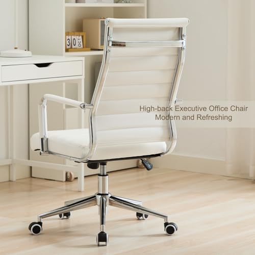 Office Desk Chair Leather, Conference Room Chairs with Wheels, Executive Modern High Back Ergonomic Swivel Rolling Ribbed Computer Chair（White）