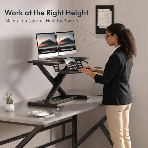 FLEXISPOT 32" Standing Desk Converter, Space-Saving Desktop Riser for Home Office, Sit Stand Computer Workstation for Laptop & Dual Monitor Setup, Black