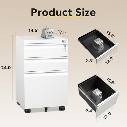 DEVAISE 3-Drawer Mobile File Cabinet (Under Office Desk), Assembled Except Casters, Fits Letter/Standard Sizes, White