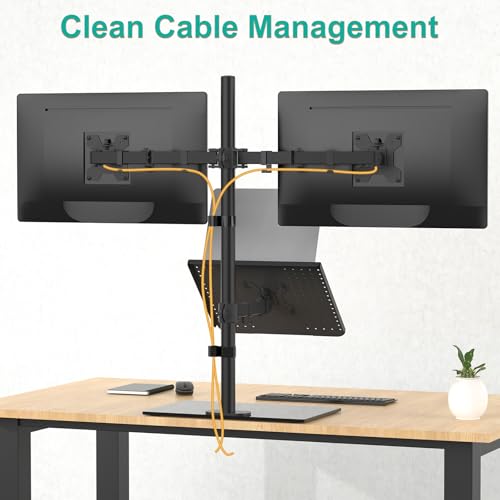WALI Dual Monitor Stand with Laptop Holder, Height Adjustable Laptop Stand for Desk, Fits up to 27 inch Monitors and 17 inch Laptops, Freestanding Dual Monitor Mount with Glass Base(GMF003LP), Black