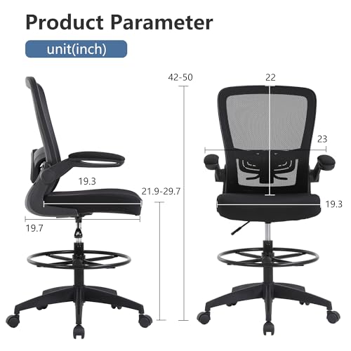 PayLessHere Ergonomic Drafting Chair Tall Office Chair High Adjustable Standing Desk Chair with Lumbar Support Mesh Back Footrest Flip-Up Arms for Office Computer Desk Standing Desk (Black)