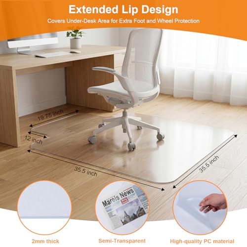 Chair Mat for Hardwood Floor, 35.5" x 47.5" Clear Office Chair Mat for Hardwood Floors with Lip, Desk Chair Mat for Rolling Chair, Smooth Rolling Desk Chair Mat, Easy-Clean Floor Protector