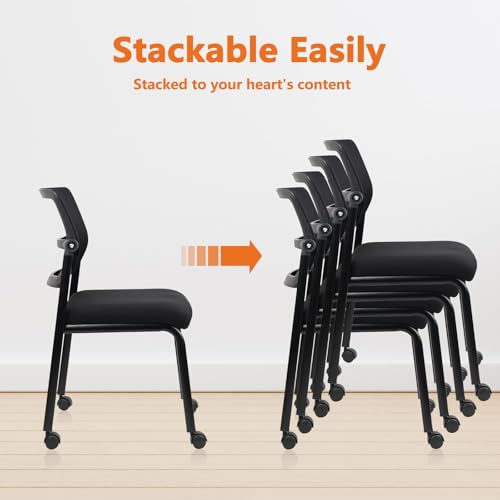 CLATINA 12PK Mesh Stacking Office Desk Chairs with Wheels, Portable Stackable Bulk Waiting Room Armless Chair with Adjustable Back & Fabric Seat for Guest Lobby Side School Church Conference Break