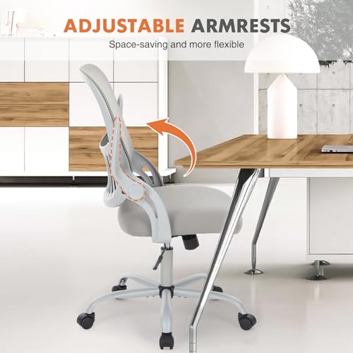 Sweetcrispy Home Office Managerial Executive Chair, Ergonomic Mesh Adjustable Swivel Mid-Back Chair with, Flip-up Arms, Comfortable Lumbar Support, Comfy Arms for Bedroom,Study,Student, Grey