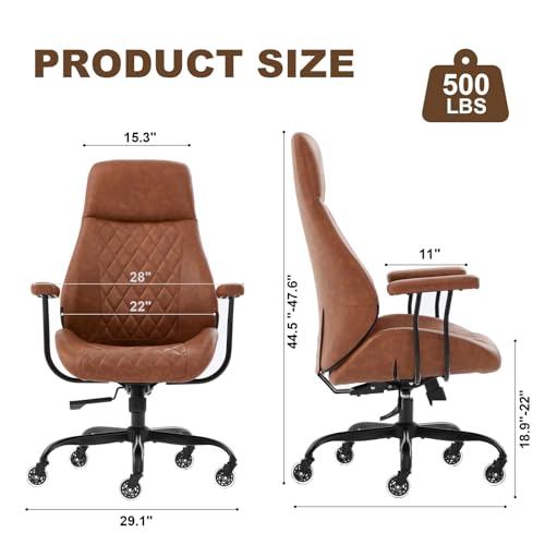 E-Motie Office Chair with Rubber Wheels, Ergonomic Computer Chair 500 lbs, Leather Desk Chair with Lumbar Support, Executive Chair Adjustable Height & Recline, Brown