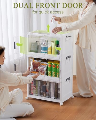 OlarHike 144QT Lockable Storage Bins with Lids - Folding Storage Cabinet with Doors & Wheels, Collapsible Plastic Box for Closets, Office, Gathering, Stackable Organizer & Containers, Gifts, 3 Pack