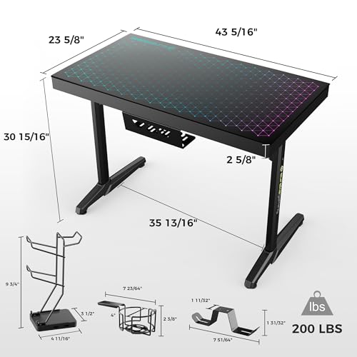 EUREKA ERGONOMIC RGB LED Gaming Desk, Music Sync Lights Up Tempered Glass Desktop, 43" GTG I43 Home Office Computer Table W Controller Rack 4 USB Charging Ports, APP Control