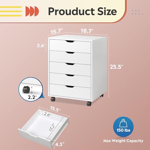 DEVAISE 5-Drawer Filing Cabinet Under Desk, Wood Storage file Cabinet with Wheels, White