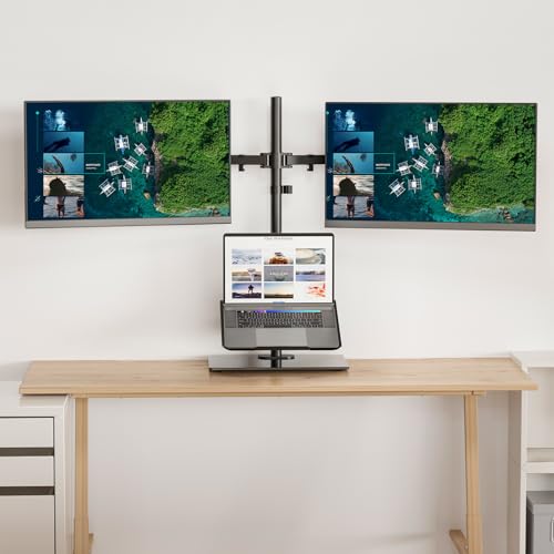 WALI Dual Monitor Stand with Laptop Holder, Height Adjustable Laptop Stand for Desk, Fits up to 27 inch Monitors and 17 inch Laptops, Freestanding Dual Monitor Mount with Glass Base(GMF003LP), Black