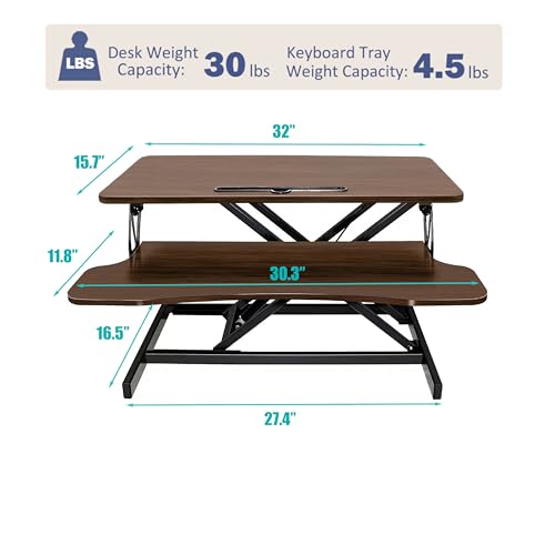 VENLUSUIR Standing Desk Converter 32" - Sit to Stand Desk Converter for Dual Monitors - Height Adjustable Desk Riser for Standing - Home Office & Corporate Use - Relieve Back Pain(Walnut)