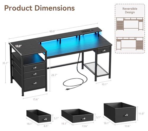 Furologee 60" Black Computer Desk with 4 Drawers and Printer Space, Gaming Desk with LED Lights and USB Power Outlets, Home Office Desk with Fabric File Cabinet,Study Work Table with Shelf for Bedroom