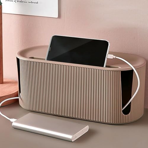Cable Management Box,Desk Cord Organizer with Groove Cover,Plastic Cord Hider Box,Large Cable Box Organizer,Power Socket Management for TV/Computer/Router/Games Console Cable Storage (Milk Tea)