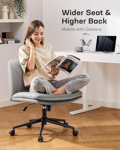 Marsail Armless-Office Desk Chair with Wheels: PU Leather Cross Legged Wide Chair,Comfortable Adjustable Swivel Computer Task Chairs for Home,Office,Make Up,Small Space,Bed Room, Grey