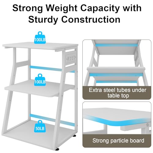 Natwind 19.7"x15.7" Printer Stand,3 Tier Printer Table with Charging Station, Rolling Cart with Adjustable Storage Shelf for Home Office Organization, Stand for Heat Press,3D Printer (White)