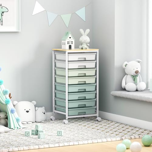 Rolling Storage Utility Cart Organizers with 8 Drawers and Wooden Tabletop for Living Room,Office,Classroom,Craft Room,Bedroom,Dorm,Green