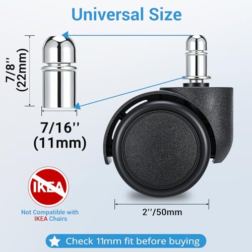 2 Inch Office Chair Casters Wheels Heavy Duty, 5 pcs Chair Wheel Replacement, Mute Rubber Rotating Desk Chair Wheels for All Floor, Smooth & Quiet Caster, Universal Standard Stem Size Fits 99%
