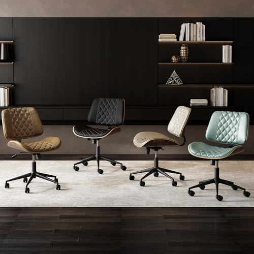 zavxzren Home Office Chair No Arms with Wheels, Armless Adjustable Height Small Desk Chair, Armless PU Leather Computer Chair Mid Back 360 Swivel, Modern Walnut, Reading Meeting Room (Green)
