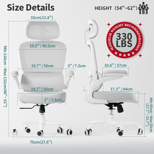 TRALT Ergonomic Office Chair - Desk Chair with Adjustable Headrest Lumbar Support Computer Chair - Mesh Comfy Chair with Flip-up Armrests - Gaming Chairs for Adults Home Office (Leather, White)