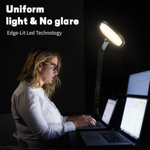 LitONES LED Desk Lamp for Home Office, Professional Eye-Caring Diffused Desk Light, 3 Color 10 Brightness Computer Light, Dimmable Office Lamp with Memory & Timer Func, Metal Swing Arm Table Lamp