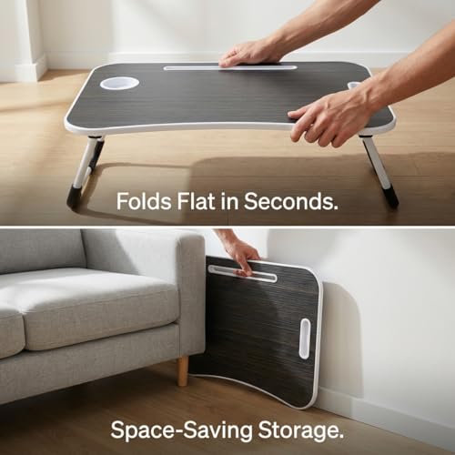 BUYIFY Foldable Lap Desk for Laptop & Writing - 23 inch Bed Tray Table with Cup Holder & Tablet Slot - Portable Notebook Stand for Eating, Sofa, Couch & WFH Students (Black)