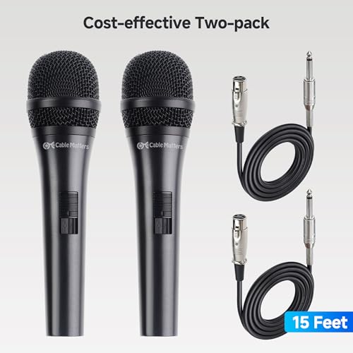 Cable Matters 2-Pack Cardioid Dynamic Vocal Microphones with 15 ft Cable, 6.35mm Wired Microphone for Singing/Singing Machine Karaoke Microphone