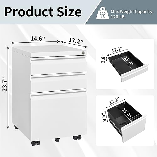 Approgreent Mobile File Cabinet for Home Office, Lockable 3 Drawer Filing Cabinet with Wheels for A4-Size/Letter-Size/Legal-Size, Fully Assembled Except Casters, White
