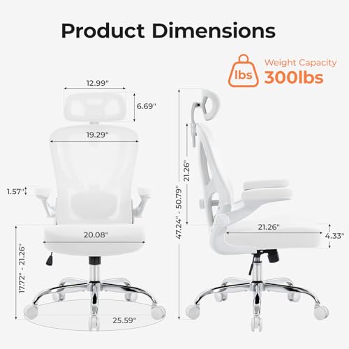shipborne Office Chair Ergonomic Office Chair with Lumbar Support, Head Support, Rocking Function, FLIP-up Armrests, Mesh High Back Chair Home Office Desk Chair, Suitable for Home, Office, White