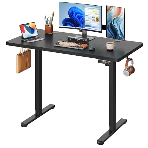 DEVAISE 48 Inch Electric Standing Desk, Adjustable Computer Desk for Home Office, Ergonomic Sit to Stand Desk with LED Touchscreen，Headphone Hook, 3 Memory Preset, with Split Top, Black