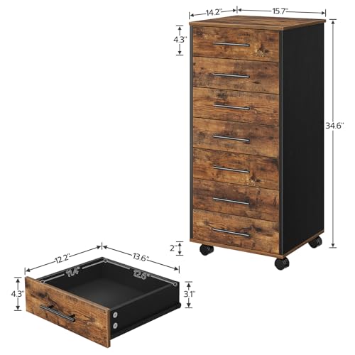 HOOBRO 7-Drawer File Cabinet, Wooden Office Cabinet with Drawers, Mobile Storage Filing Drawer for Home Office, Study, Easy Assembly, Rustic Brown and Black BF07WJ01