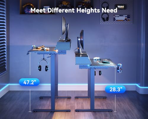 OffiGo Gaming Standing Desk with LED Light, 55 Inch Electric Height Adjustable Table with Power Outlet & Monitor Stand, Sit Stand Computer Workstation for Home, Bedroom, Black