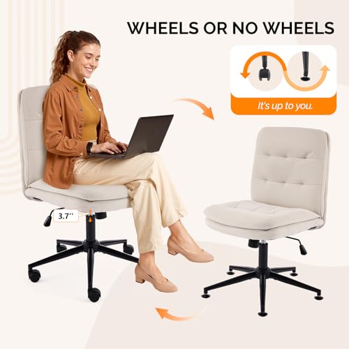 VINGLI Mid Back Armless Office Desk Chair with Wheels/no Wheels,360°Rocking Swivel Vanity Chair with Thickened Cushion,Adjustable Height Rolling for Reading Room, Make up,Linen Beige
