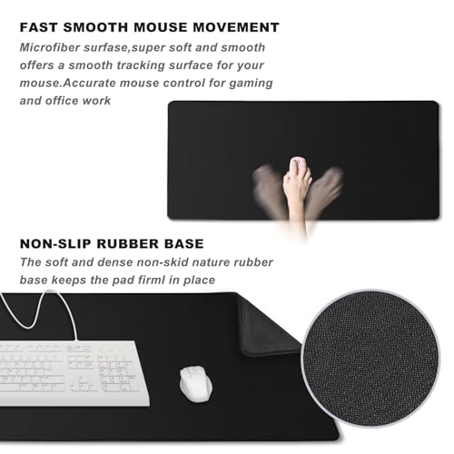 31.5" x 15.7" Waterproof Fabric Desk Pad, Rubber Anti-Slip Base, Stitched Edges No Curling, Fits Laptop Keyboard and Mouse, Smooth Office Mat Large Mouse Pad for Work Game, Black