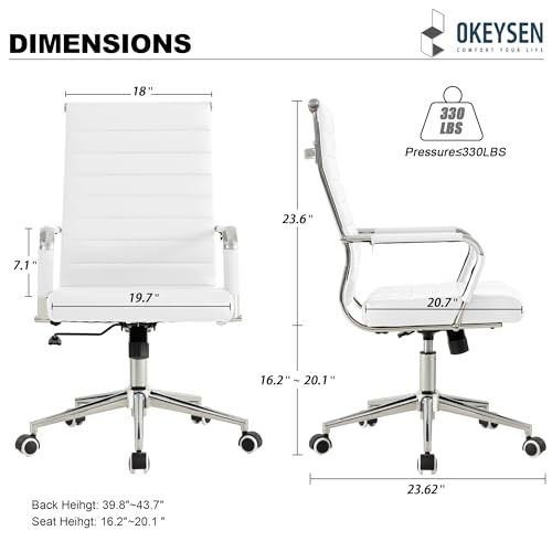 Okeysen White Office Desk Chair, Ergonomic Leather Modern Conference Room Chairs, Executive Ribbed Height Adjustable Swivel Rolling Chair for Home Office.