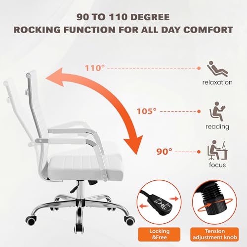 Furmax Ergonomic Office Desk Chair, Executive Ribbed Mid-Back PU Leather Conference Room Chair Adjustable Swivel Chair with Arms (1, White)