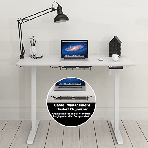 SHW 48-Inch Electric Height Adjustable Sit to Stand Desk with Hanging Hooks and Cable Management, White Frame and White Top
