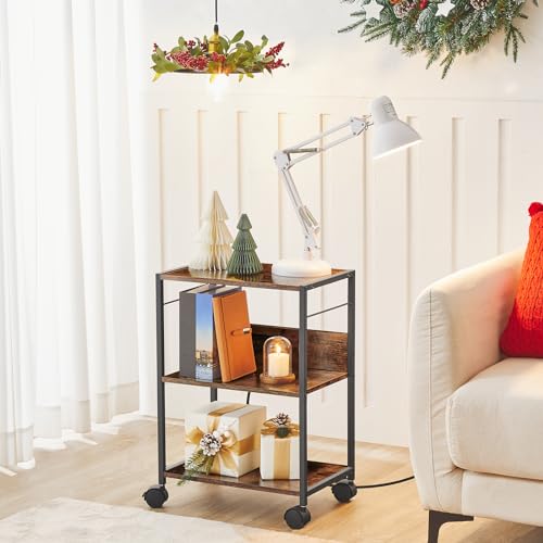 MAHANCRIS Industrial Printer Cart, 3-Tier Mobile Printer Stand, Rolling Cart with Power Outlets and USB Ports, Home Printer Stand with 2 Hooks, for Office, Living Room, Rustic Brown PTHR40E01Z